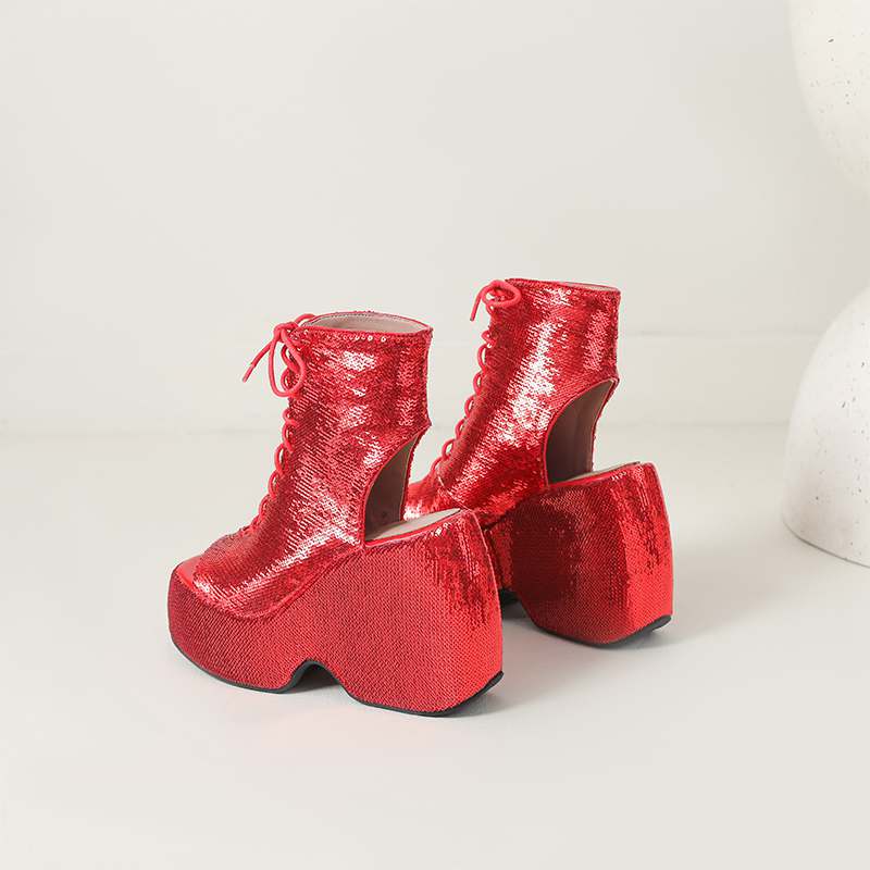 Krazing Pot Sequin Cloth Spring Summer Size 43 Size 42 Women Platform Women Peep Toe Toe Sexy Summer Boots Lace Up Pumps