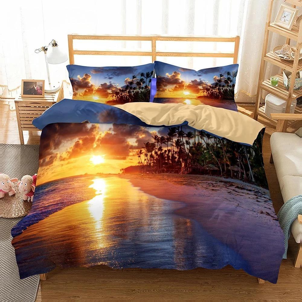 3D Bed Set Beautiful Beach Bedding Bed Sets Modern Quilt Cover+pillowcases Winter California King Bedding Sets Jogo De Cama Bed