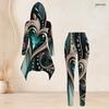 Women Plus Size Gray White Black Printed Hooded Long Sleeve High Low Top Fitted Pants Two Piece Set