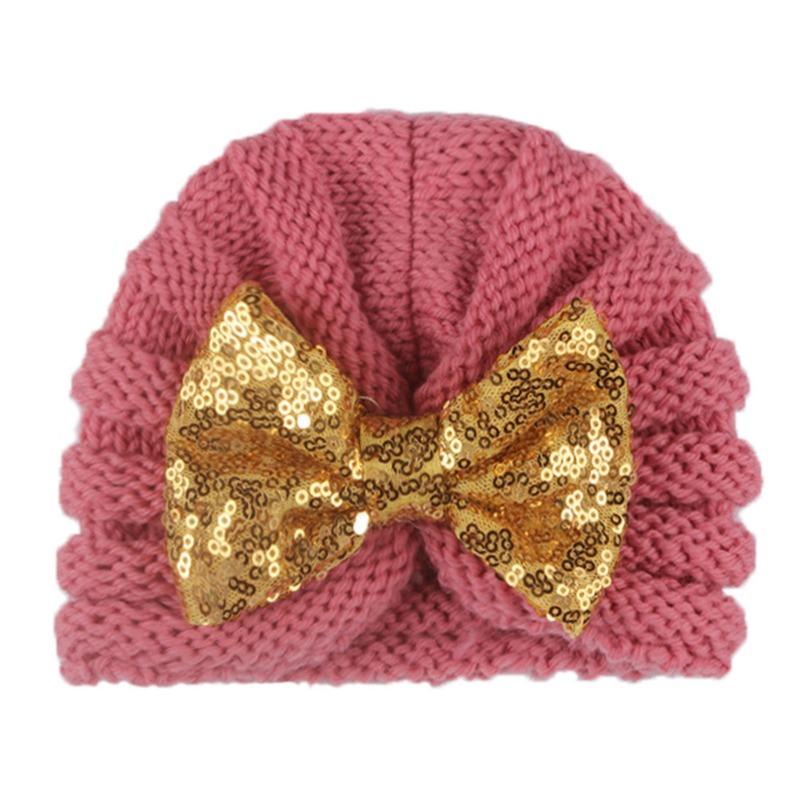 New baby sequined knotted thermal hat in autumn and winter, cute baby bow knitted hat, children's hat