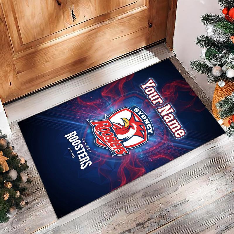 Sydney Roosters Crystal Velvet Rug, Custom Name Text Personalized Non‑Slip Floor Mat for Home Decor Gift