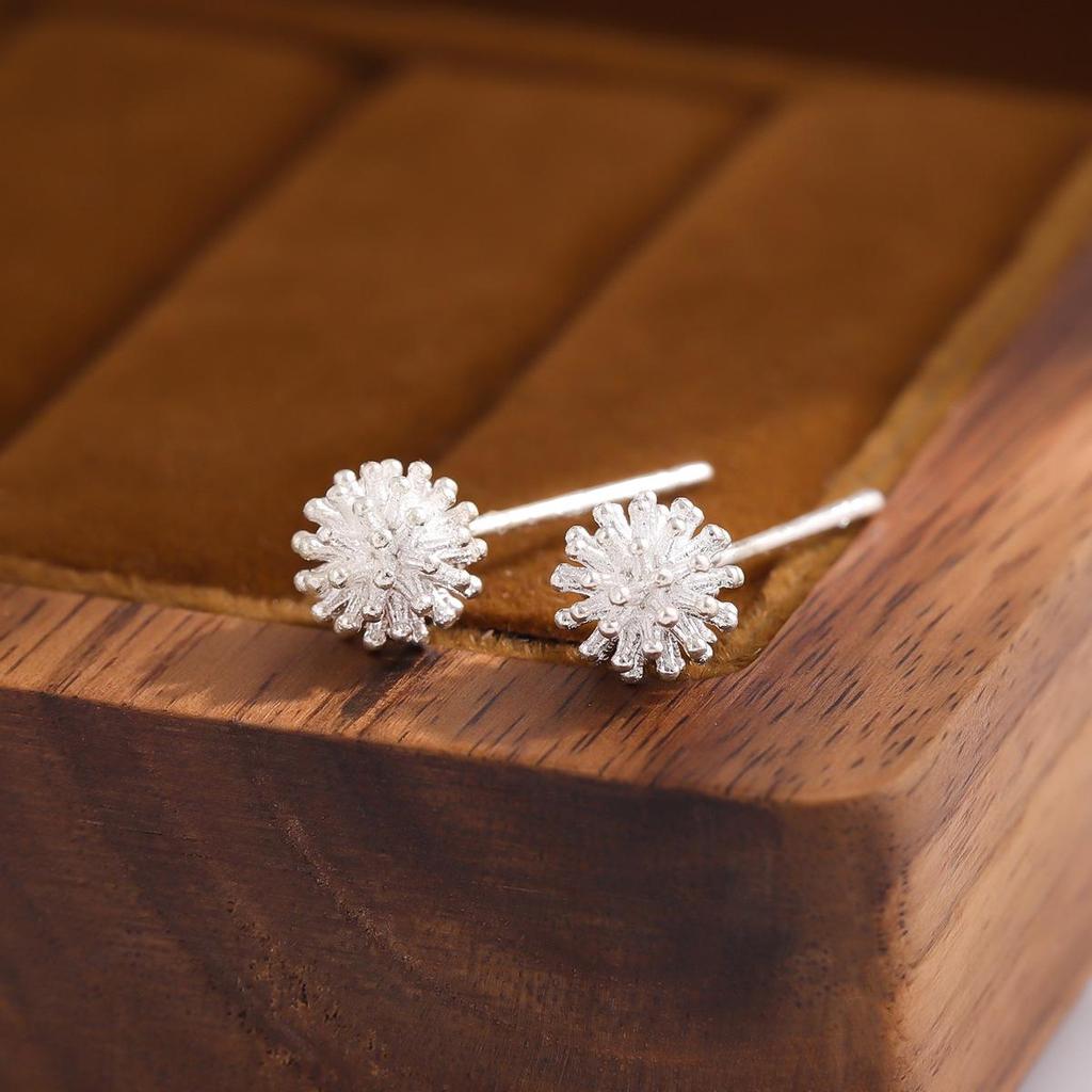 Korean Dandelion Flower Sterling Silver Stud Earrings for Women