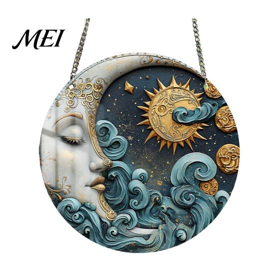 Colorful Glass Suncatcher 2D Acrylic Star Moon Lantern Suncatcher, Crescent Window Hanging Ornament Decoration for Home, Patio, Garden, Ramadan Decor,