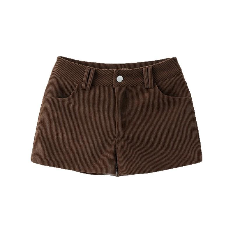 Unisex Spring Khaki Corduroy High-Waist Wide-Leg Shorts - Slimming Coffee Color, Single Button Closure