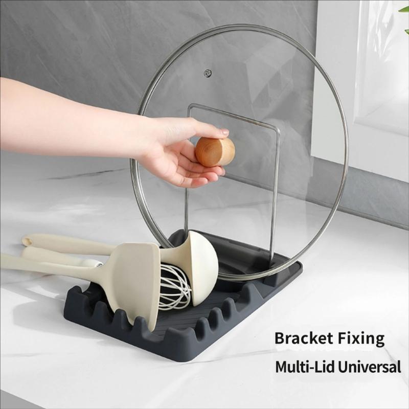 Spatula Rest and Pot Lid Rack with Partitioned Drain Tray, Metal Frame Stand for Sink Area, Table Side Service and Daily Cooking for Kitchen Counter