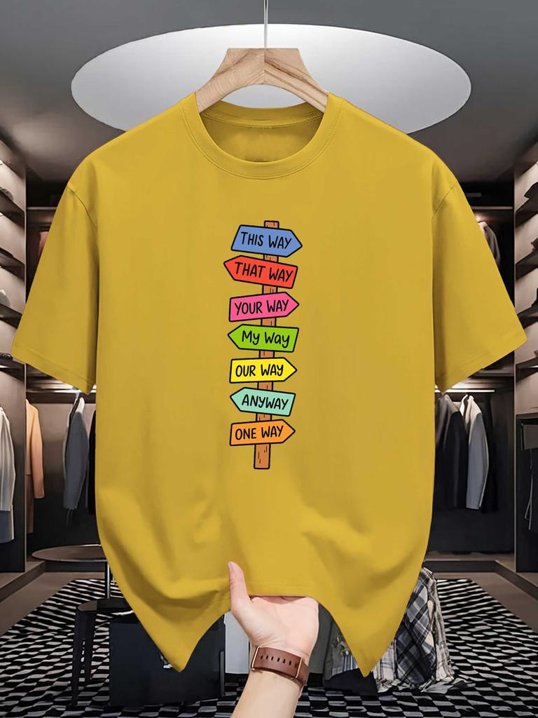 Unisex Crew Neck Tee Colorful Direction Sign Text Graphic Print Soft Cotton Loose Breathable Short Sleeve Summer Casual Street Tops
