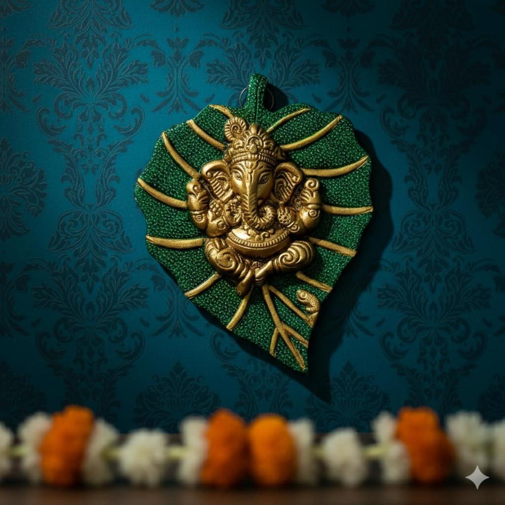 RecraftJoy Leaf Ganesh Metal Wall Hanging for Main Door & Entrance | Small Ganesha Idol Wall Hanging for Living