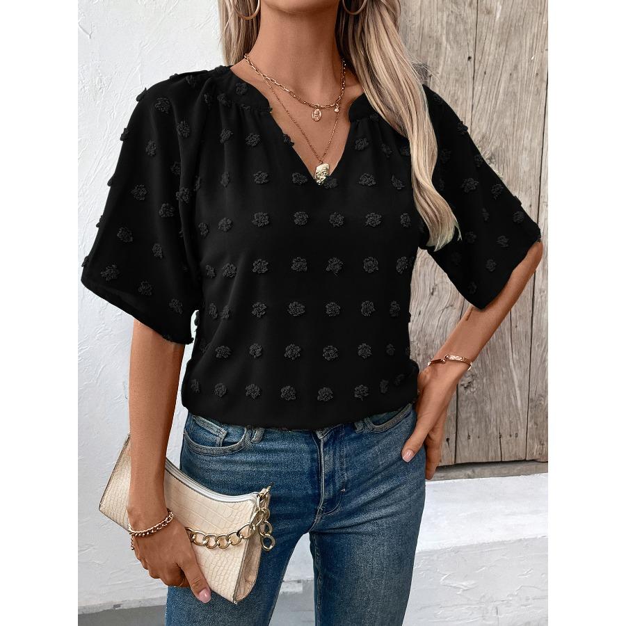 Women's Comfortable Loose Jacquard Blouses & Shirts V-neck Short Sleeved Top for Women