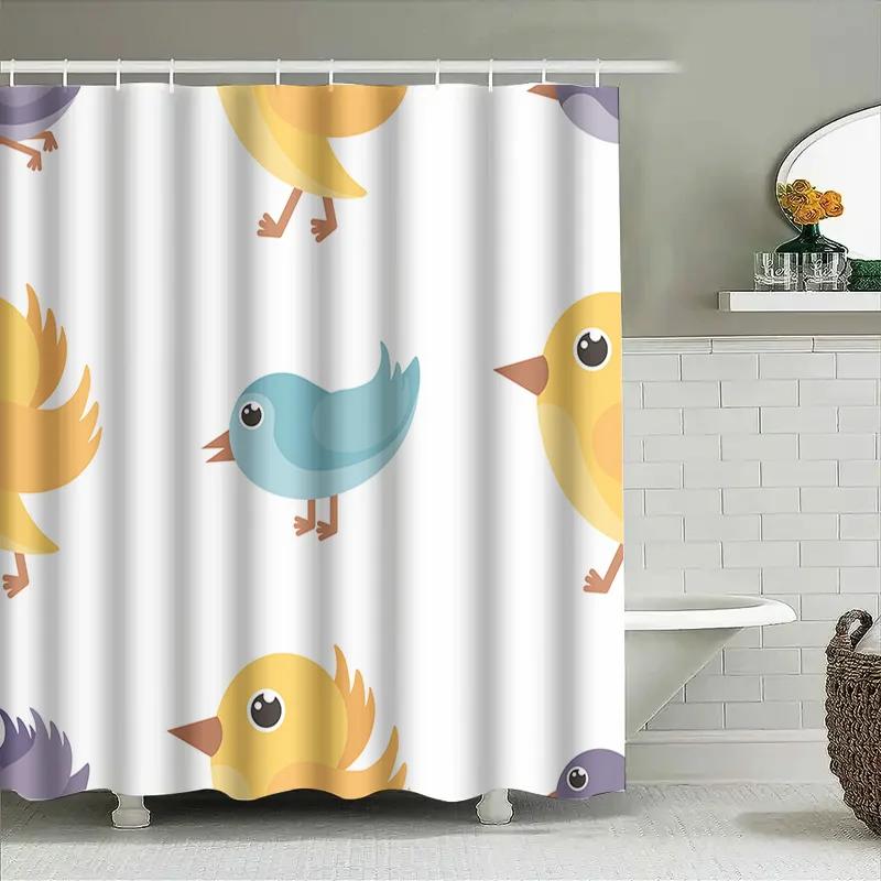 Adorable Blue Bird Yellow Duck Shower Curtain For Bathroom Decor Water Repellent Fabric, 72X84In (183Cm X 213Cm)
