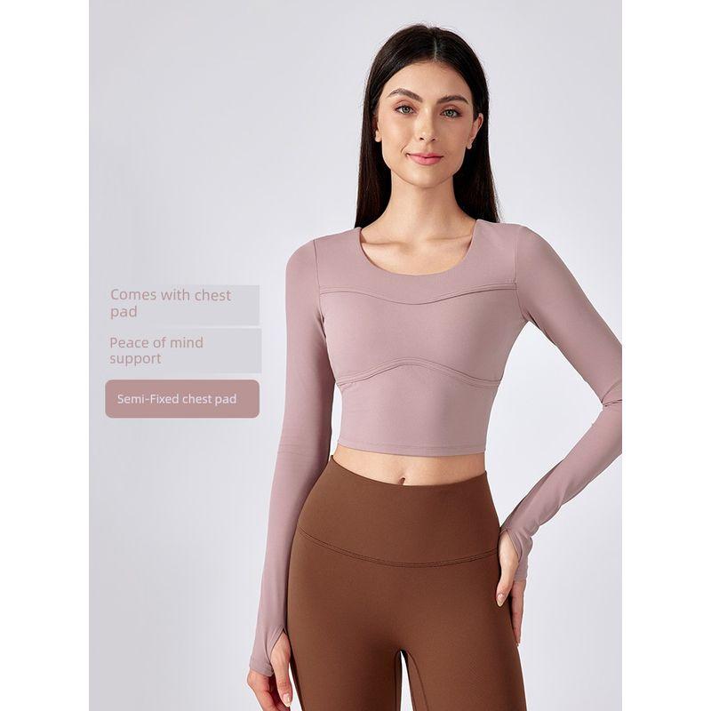 Original Long sleeve Yoga Clothes With Chest Pad Outer Wear Half Fixed Cup Quick-Drying T-shirt Women Short Pilates Workout Clothes