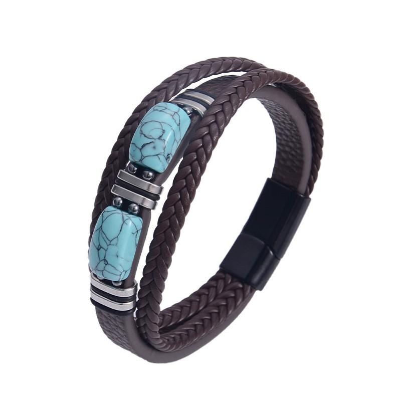 Stainless Steel Leather Bracelet Trendy Faux Turquoise Woven Jewelry Men