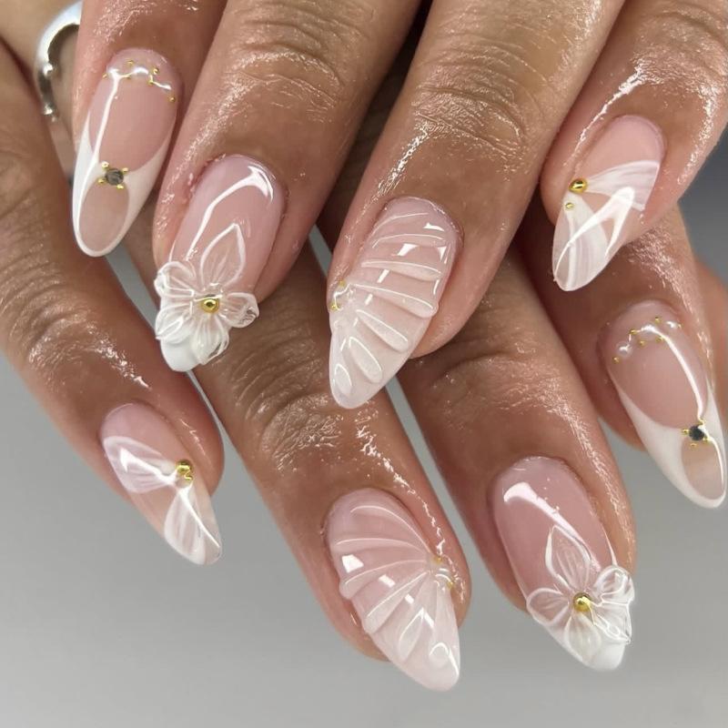 

24PCS White Gradient 3D Flowers False Nails Simple Shell Design French Fake Nails for Women Acrylic Wearable Full Cover Press On