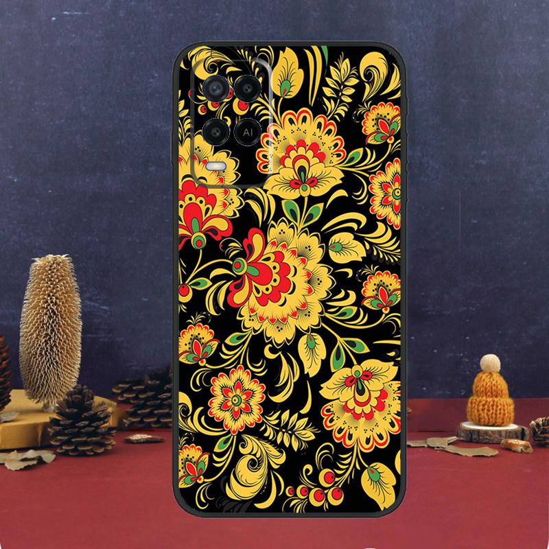 Khokhloma Russian Pattern Flower Case For OPPO A54 A74 A94 A98 A78 A79 A16 A76 A96 A5 A9 A17 A77 A15 A52 A72 A53 A57S Cover
