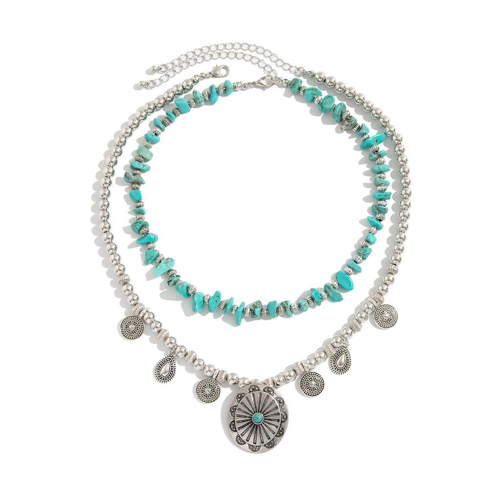 Ethnic Style Metal Pattern Tag Necklace, Retro Imitation Turquoise Necklace, Ccb Beaded Collarbone Necklace.