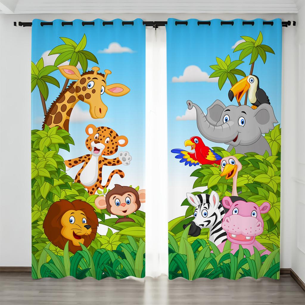 Cartoon Animal Zoo Forest Family Print Curtains Rod Pocket Mount Digital Printed for Living Room Kitchen Bedroom Home Decor 2pcs