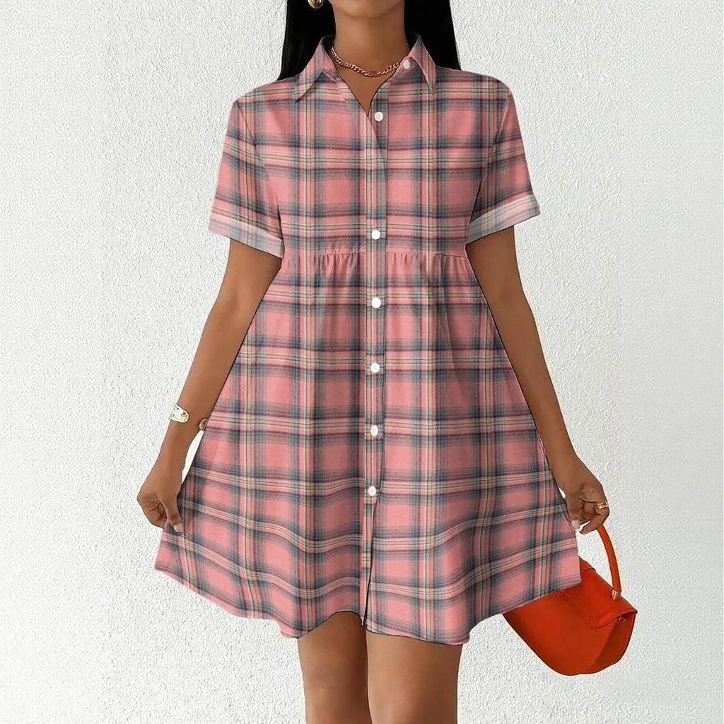 Women’s Casual Loose Fit Shirt Dress Button Front Stand Collar Plaid Pattern Short Sleeve Relaxed Tunic Dress for Daily Wear