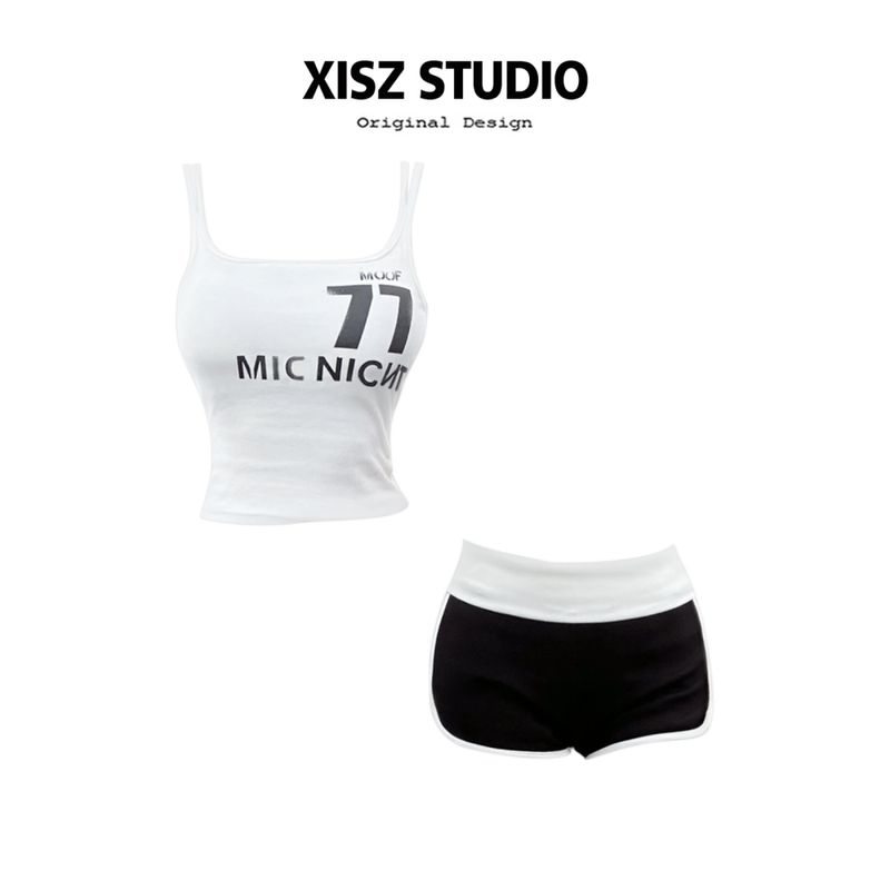 

American-Style Hot Girl Letter Print Camisole Women s Summer Color-Block High-Waisted Slimming Casual Sports Shorts Set White Sling [High Quality] S