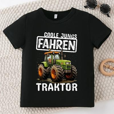 Boys Tractor & Fun Letter Print Crewneck Short Sleeve Tee, Casual Comfortable Daily Top