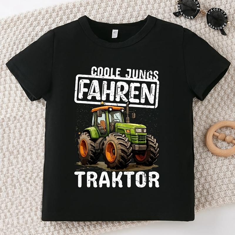 Boys Tractor & Fun Letter Print Crewneck Short Sleeve Tee, Casual Comfortable Daily Top