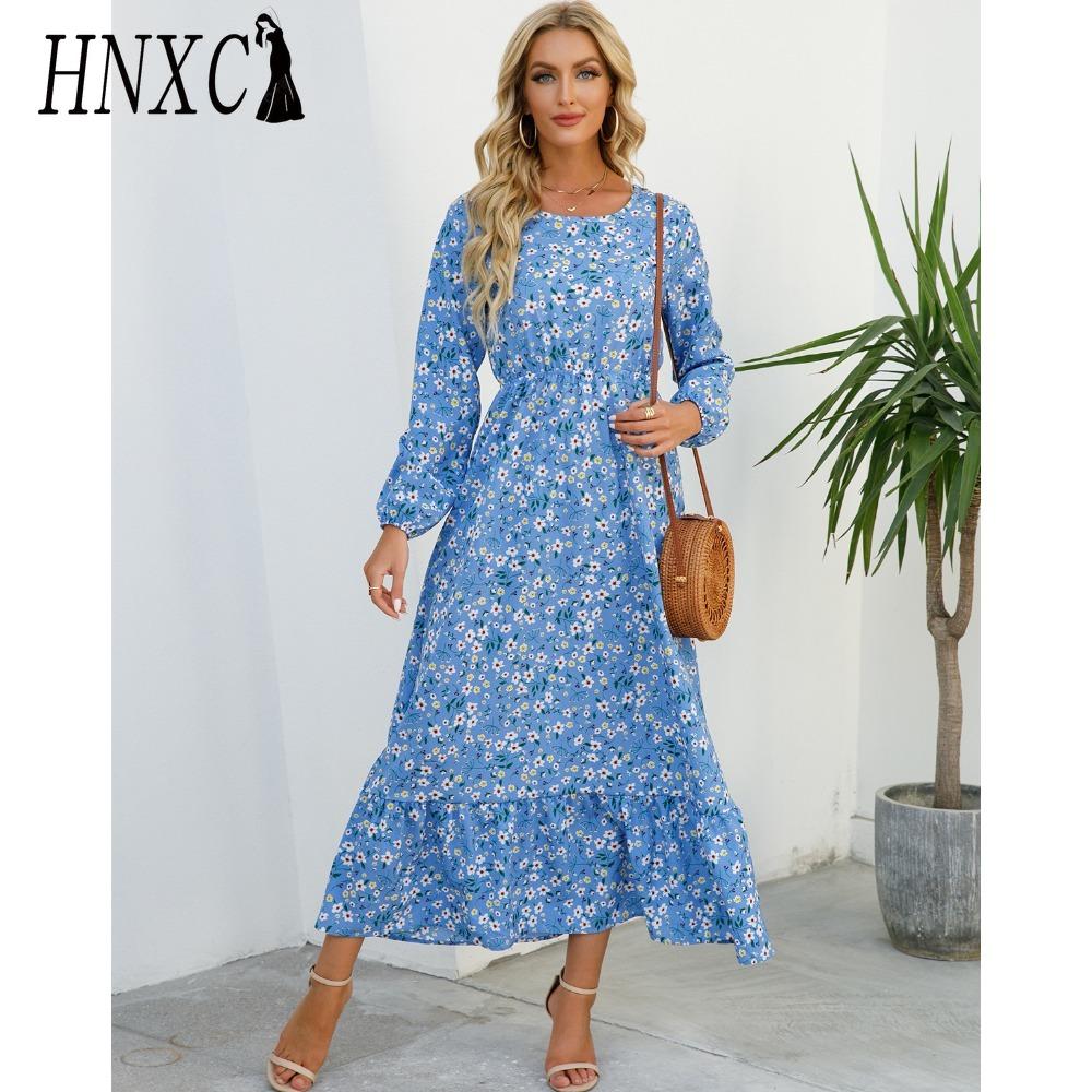 HNXC Spring Summer Bohemian Women Maxi Dress Casual Long Sleeve High Waist Beach Dress Women Floral Chiffon Dresses Vestidoes Mujer New