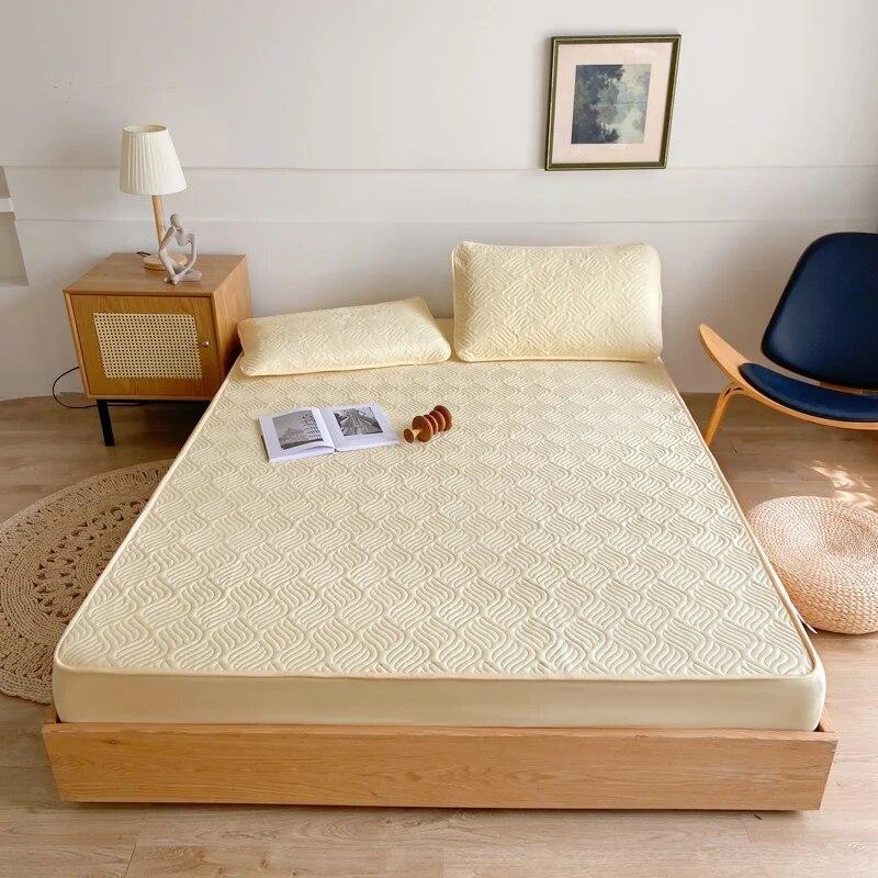 100% Cotton Fitted Sheet Quilted Mattress Cover Green Mattress Protector for Bedroom Hotel Single Double Queen King Bed Cover