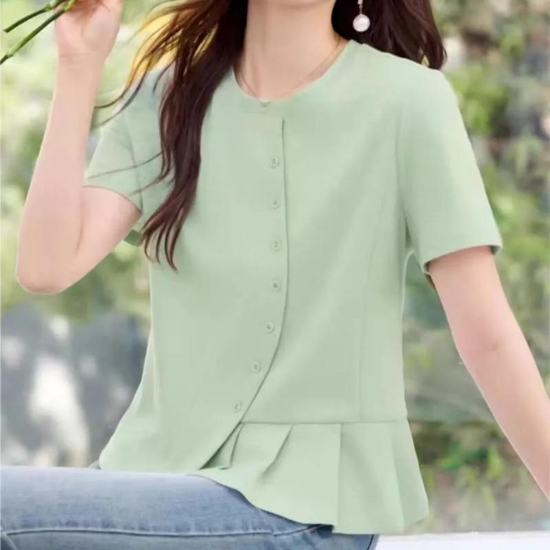 

Womens Solid Color Round Neck Peplum Hem Short Sleeve Blouse L зелёный