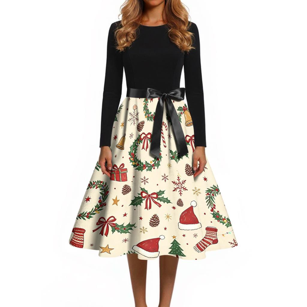 Women's Trendy Retro V-Neck Christmas Dress with Snowflake and Christmas Tree Print for Casual Holiday Wear