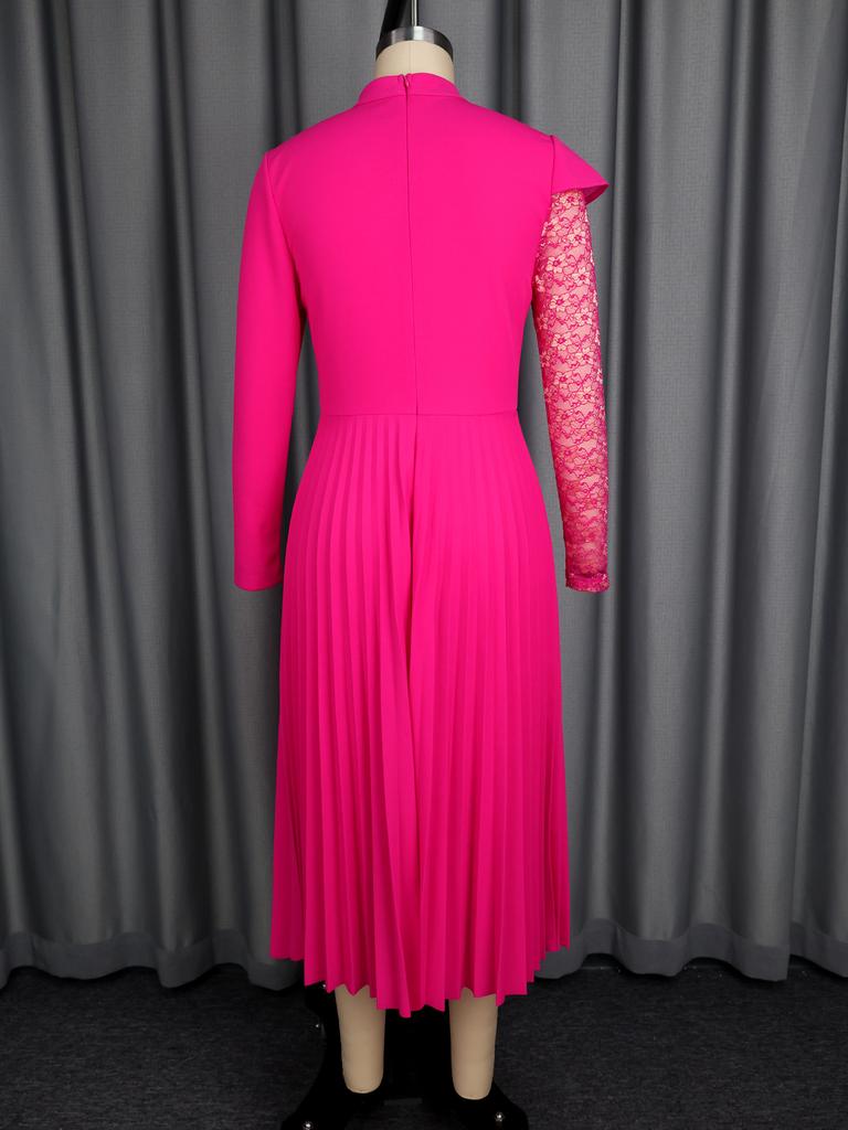 Women Pleated Dresses Elegant Church Half High Collar Lace Patchwork Long Sleeves Evening Party Birthday Wedding Guest Autum New
