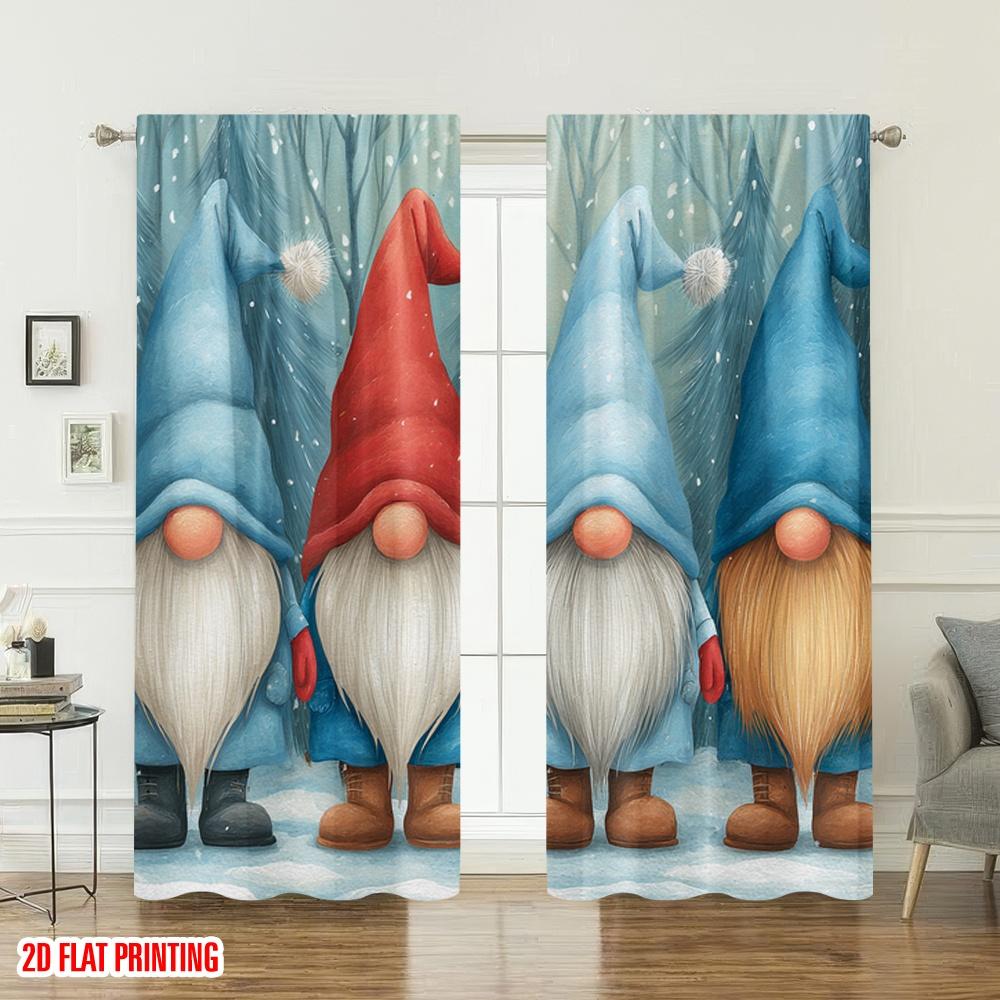 Set Of 2 Flat Printing Christmas Hot Party Curtains Gnomes Snow Forest Digital Printed Polyester Drapes Festive Wall Made