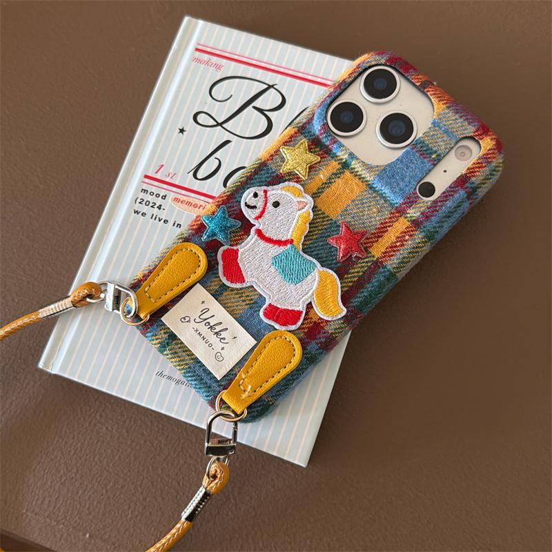 Fashion Cute Caroon 3D Dog Plush Phone Case For iPhone 17 Pro 15 14 13 16 Pro Max Cover Plaid Pattern Cloth Protective Cases