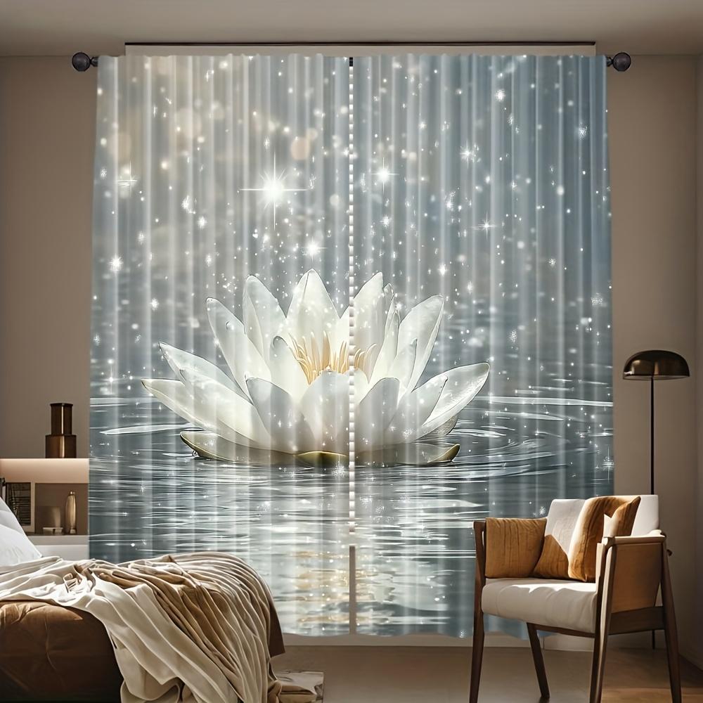 2 Pcs Elegant White Lotus Curtains – Floral Pattern Rod Pocket Design for Living Room Bedroom Bathroom Kitchen