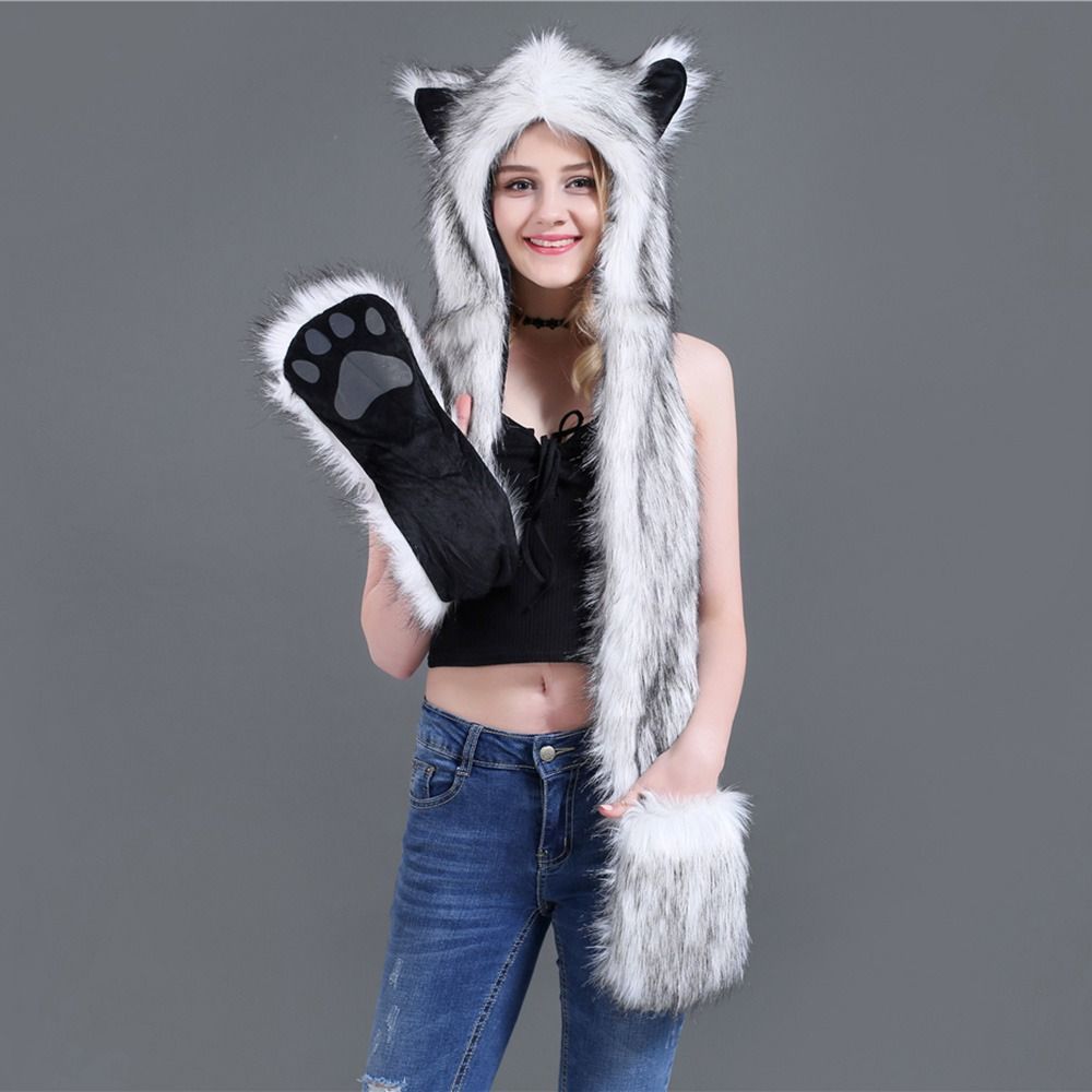 Fluffy Plush Scarf Gloves Hat Set Warm Animal Hat Windproof Winter Cap  Outdoor