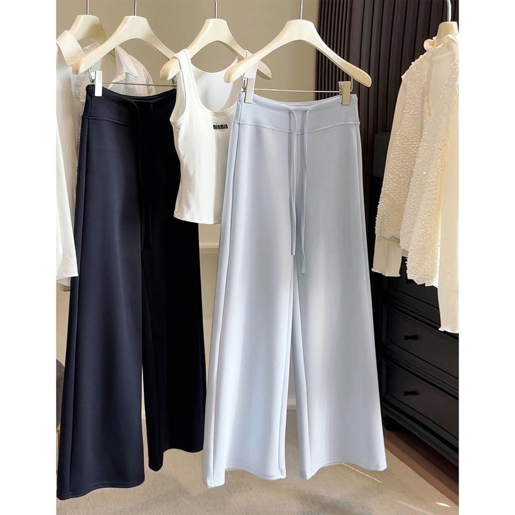 Women's Elastic Waist Wide Leg Pants Loose Straight Leg Trousers Soft Stretch Drawstring Solid Casual Spring Pants