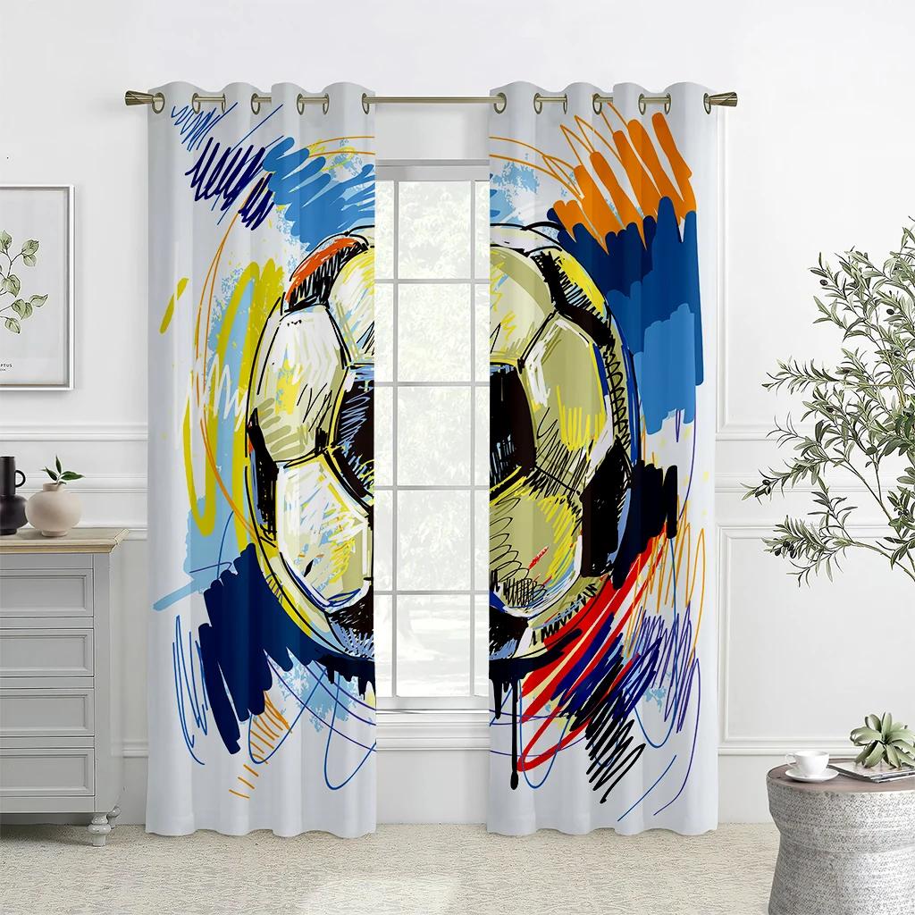 2 Panels Colorful Graffiti Soccer Football Sports Window Curtains For Living Room Kids Bedroom Bathroom Kicthen Door Home Decor
