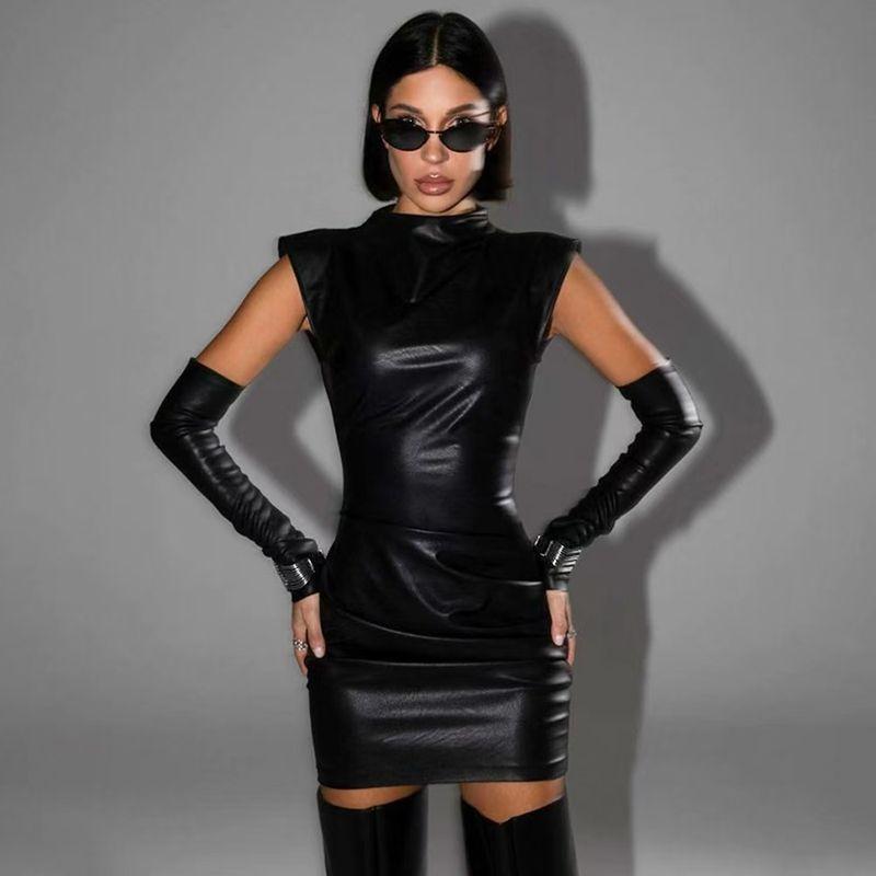 

Western Style PU Leather Stand Collar Oversleeve Sheath Pleat Dress Fashionable PU Leather Dress Black S