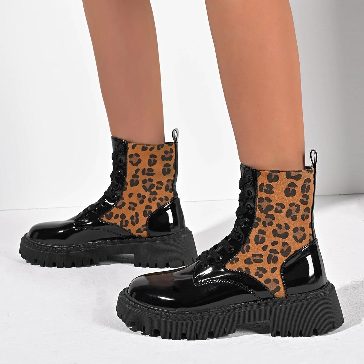 

Модные женские ботинки Высококачественные ботинки на шнуровке в британском стиле Женские модные повседневные туфли с леопардовым принтом Женские ботинки до середины икры с круглым носком 35