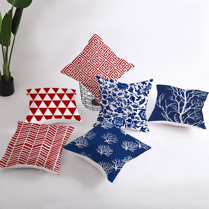 Red, Blue and Black Geometric Cushion Cover, Peach Skin Print Pillow Cover, Square Sofa Cushion, Home Textiles and Household Products