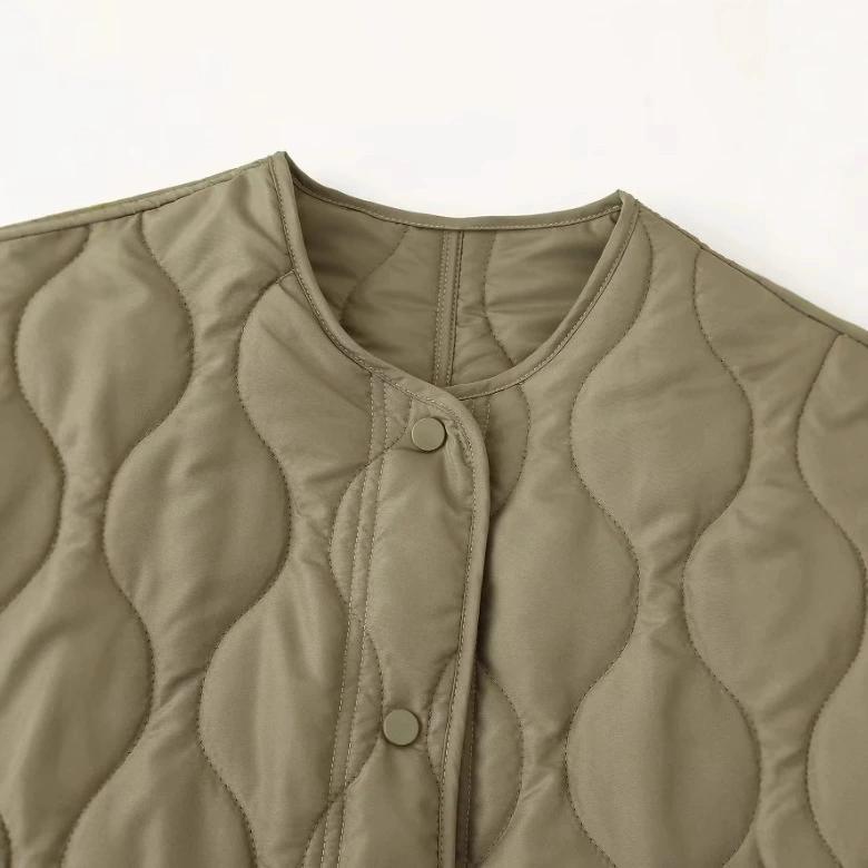 Winter Ladies Fashion Temperament Quilted Thread Decoration Simple Solid Color Round Neck Loose Cotton Long-sleeved Jacket