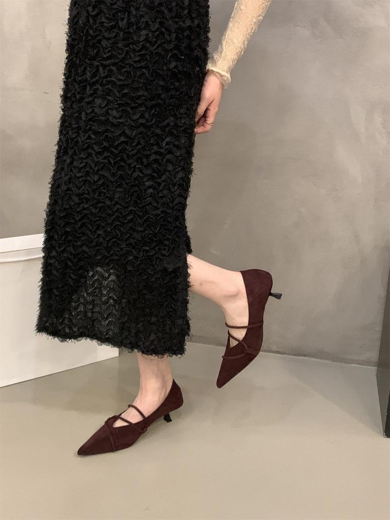 French kitten with suede red single shoes women's shoes spring temperament socialite black pointed high heels