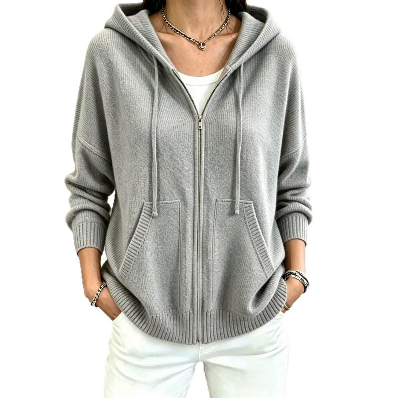 Womens Oversized Knit Hooded Zip-Up Cardigan Winter 2026 Solid Color Casual Sweater