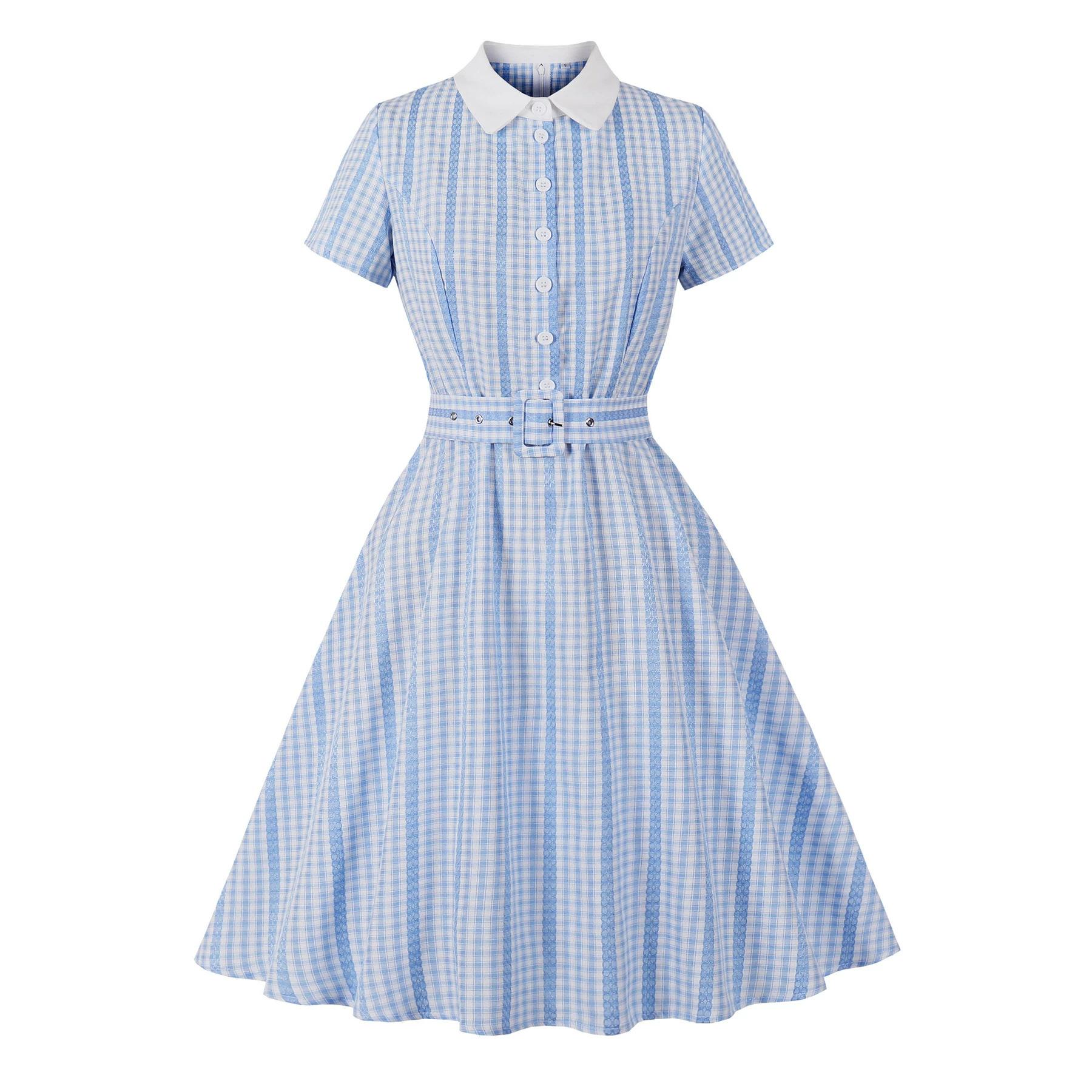 

Women s Fashionable Retro Shirt-Collar Short-Sleeve Checkered A-Line Dress For Summer XXL