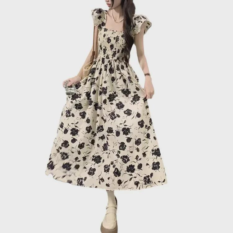 Sommerliches Blumenkleid mit französischen Ärmeln für Damen, schlankmachendes Midikleid im Hepburn-Stil