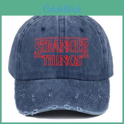 Cappellino da baseball vintage effetto invecchiato con ricami di Stranger Things e protezione solare per i fan.