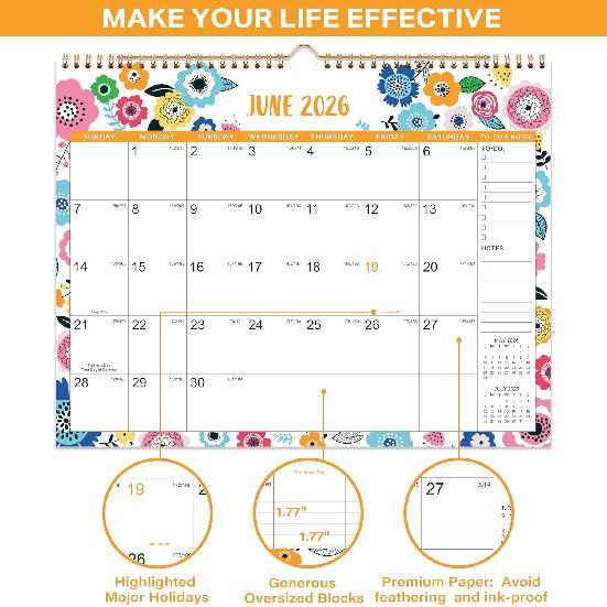 2026 Calendar - 2026 Wall Calendar, 15" x 11.5", JAN.2026 -DEC.2026, 12 Monthly Wall Calendar 2026, Hanging Hook - Clorful Floral