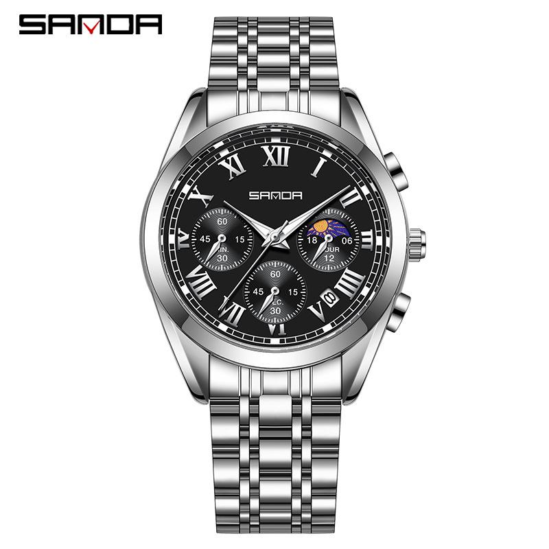 Sanda Men s Korean Style Quartz Watch - Moon Phase, Luminous Dial, Stainless Steel Band