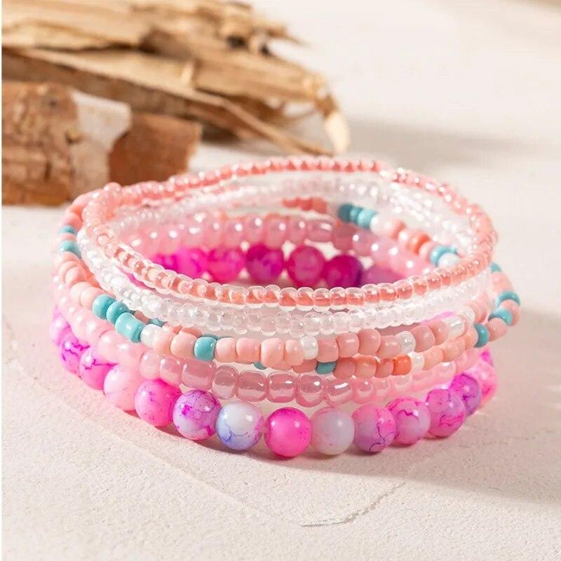 Conjunto de Pulseiras de Contas de Arroz Boho para Mulheres Multicamadas Tecidas à Mão Pulseira de Contas de Cristal Joias para Festa de Verão Presentes de Amizade