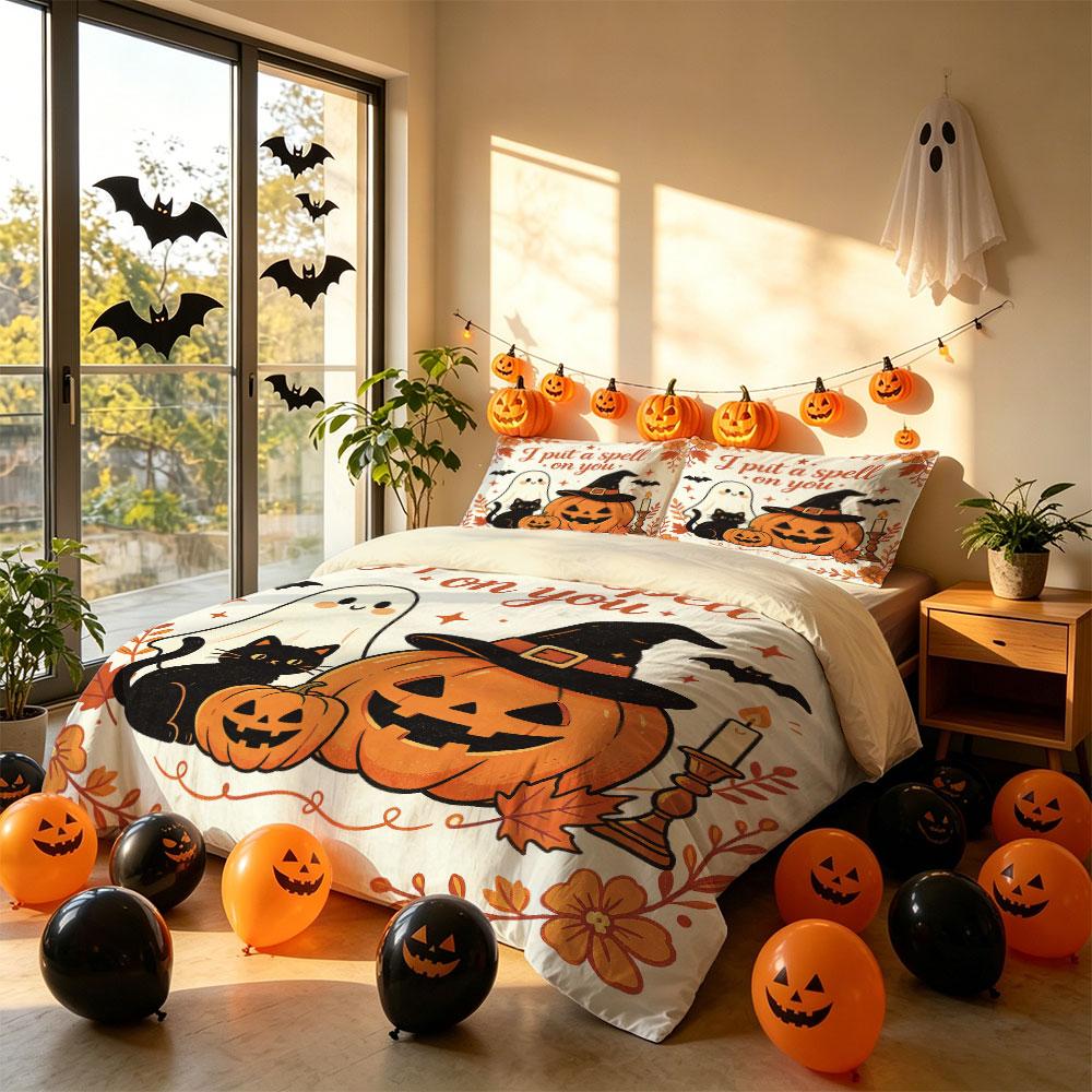 Halloween Rzucam na Ciebie urok Duch Wiedźma 3-częściowy komplet poszewek na kołdrę Czarny Kot Dynia Czarodziejski Wystrój Pościeli
