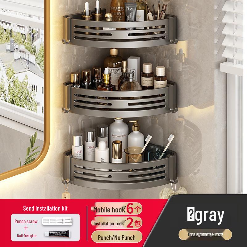 Gunmetal No-Drill Triangular Bathroom Shelf - Space Aluminum Corner Storage Basket