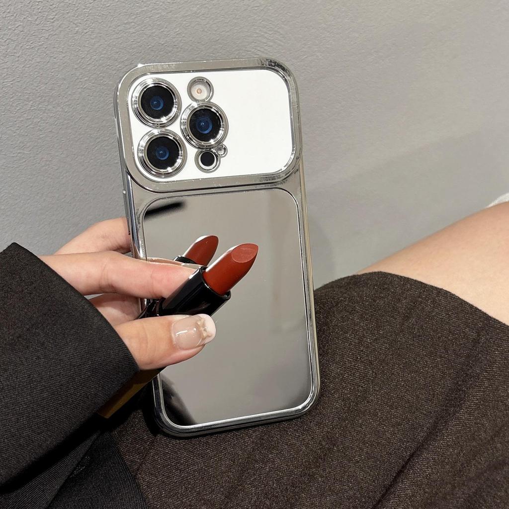 iPhone 17 Pro Max Mirror Phone Case: Large Window Electroplated Makeup Touch-Up Cover