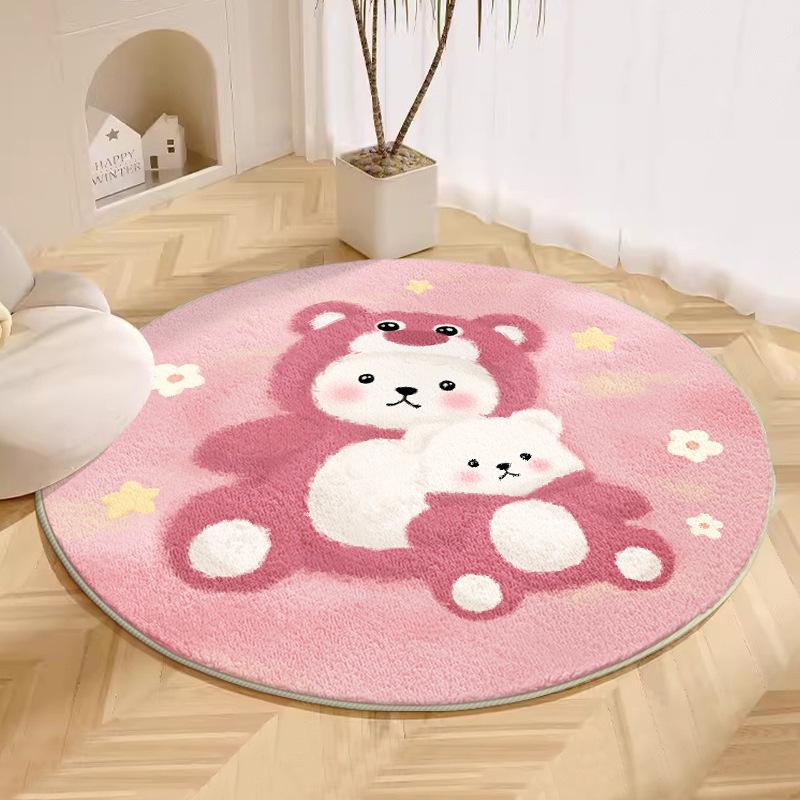 Cute Cartoon Pink Carpet for Girls: Cool-Proof Round Faux Cashmere Bedside Rug.
